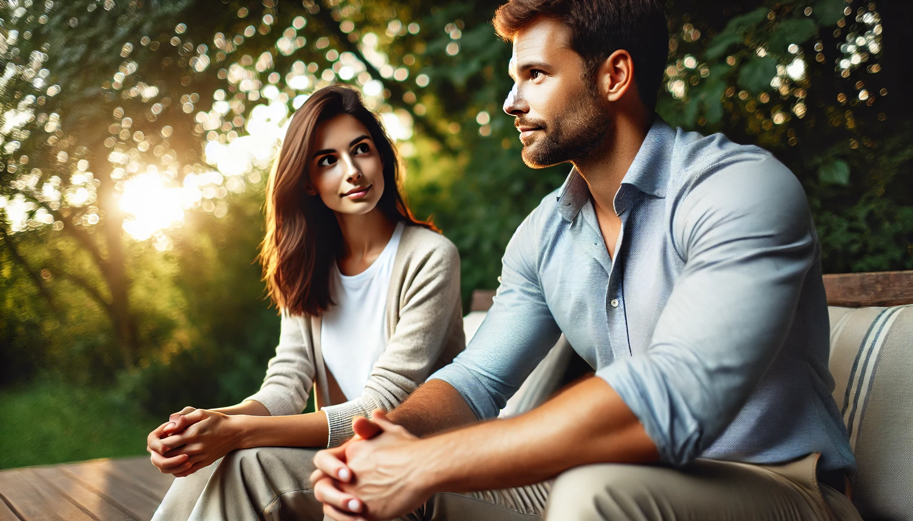 Confident couple sitting outdoors, engaged in a thoughtful conversation, symbolizing balance and mutual respect in a healthy relationship.