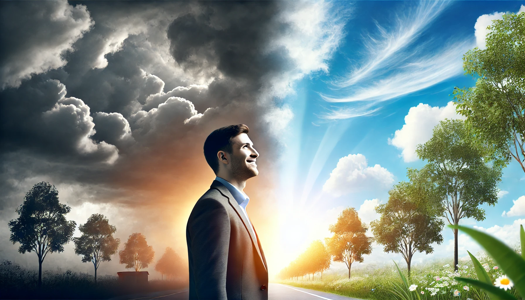 A person standing outdoors with a calm smile, looking uplifted as dark clouds part to reveal a clear blue sky, symbolizing a shift from negativity to positivity.