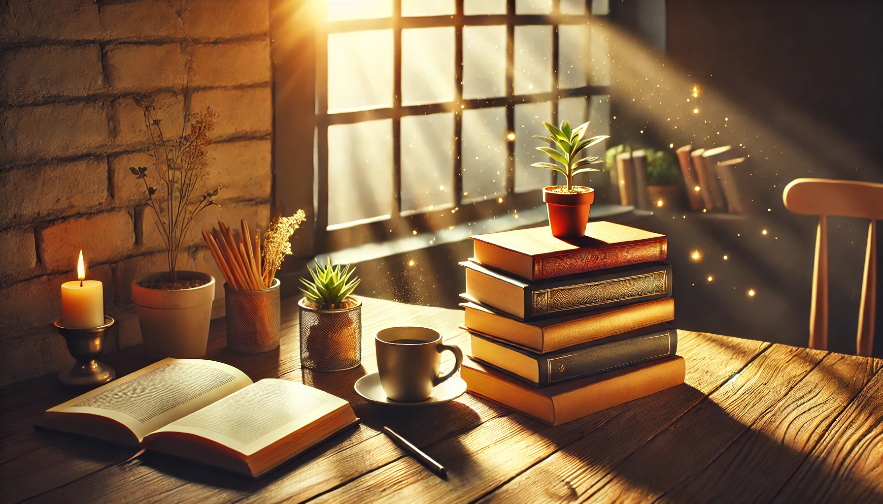 A stack of motivational books on a wooden table with a cup of coffee beside them, sunlight streaming through a window, symbolizing personal growth and inspiration.