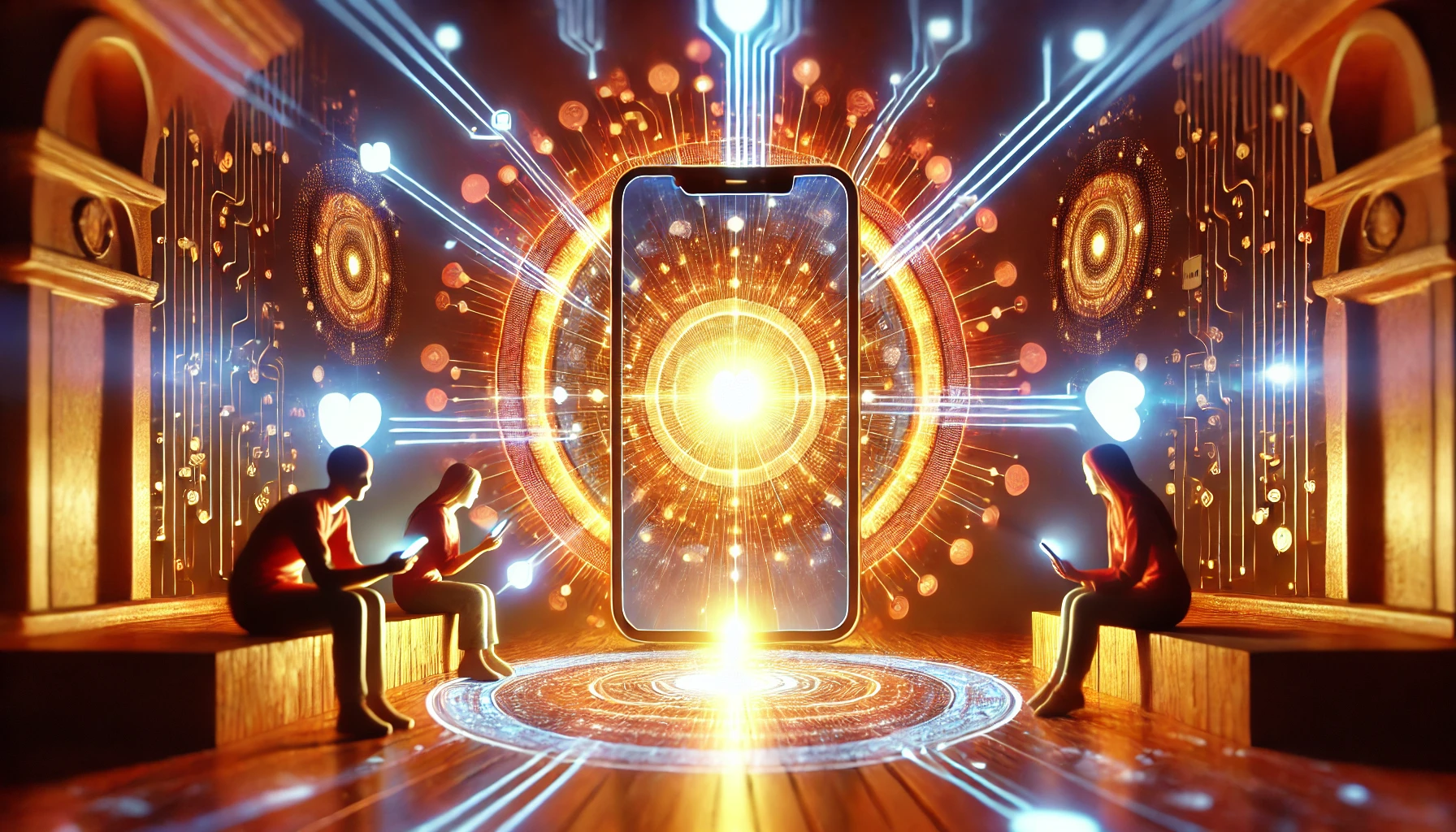 An abstract representation of connection through texting, featuring a glowing smartphone in a warm, inviting atmosphere with vibrant digital energy radiating outward.