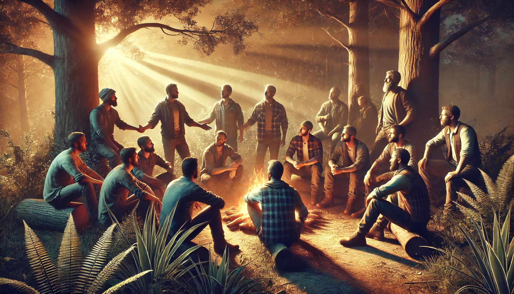 A group of diverse men gathered in a forest, sitting near a campfire, engaging in meaningful conversation, symbolizing trust, unity, and authentic brotherhood.