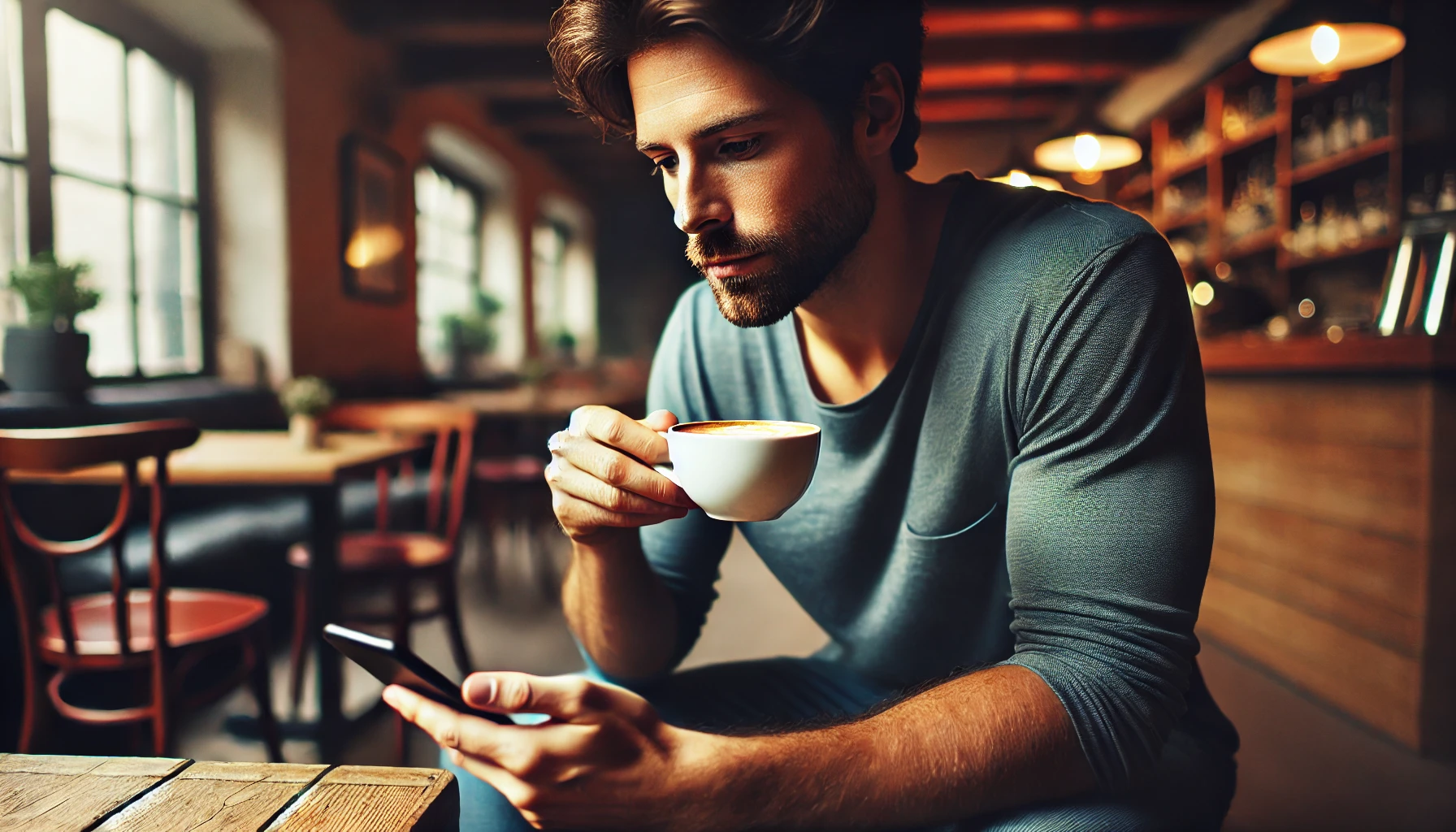 A man sitting thoughtfully in a cozy café, looking introspective while reviewing his phone, symbolizing awareness and self-reflection in dating."