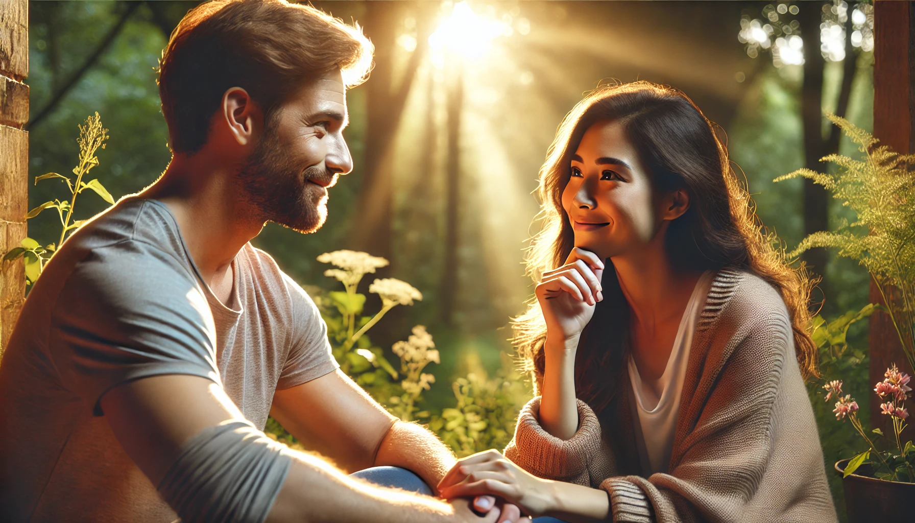 A couple engaged in meaningful conversation outdoors, with warm smiles and an authentic connection, symbolizing empathy, vision, and growth.
