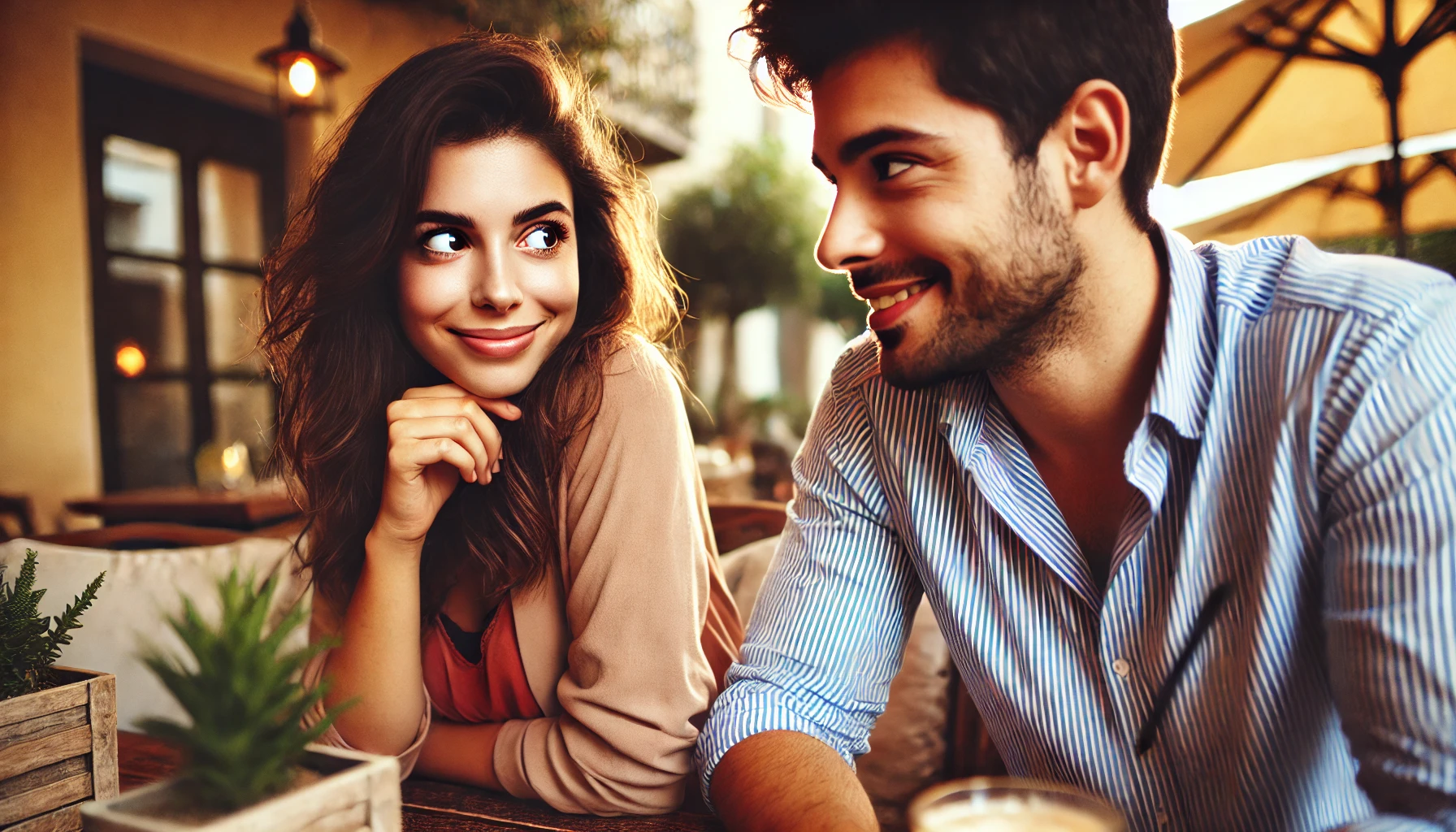 Confident man and woman in a relaxed outdoor setting, having a meaningful conversation, symbolizing a balanced, supportive relationship dynamic.