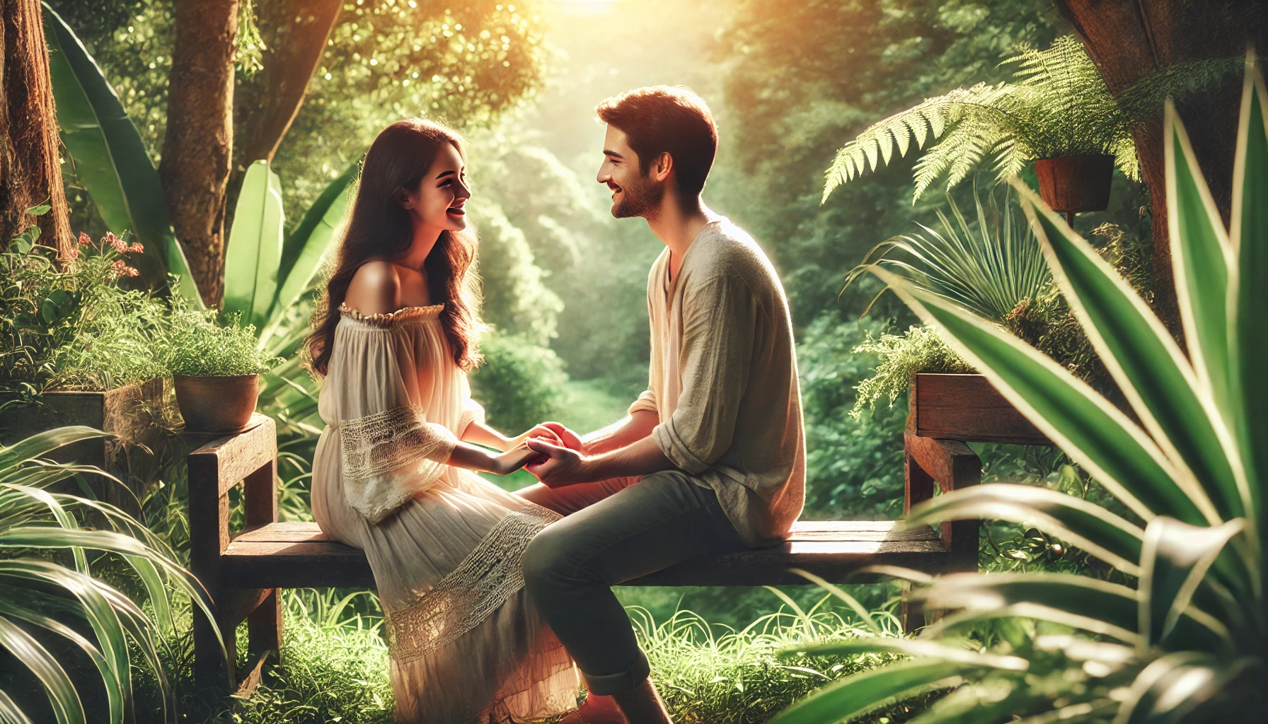A couple sitting together on a bench in a lush, sunlit park, smiling and holding hands, symbolizing connection and harmony in a relationship.
