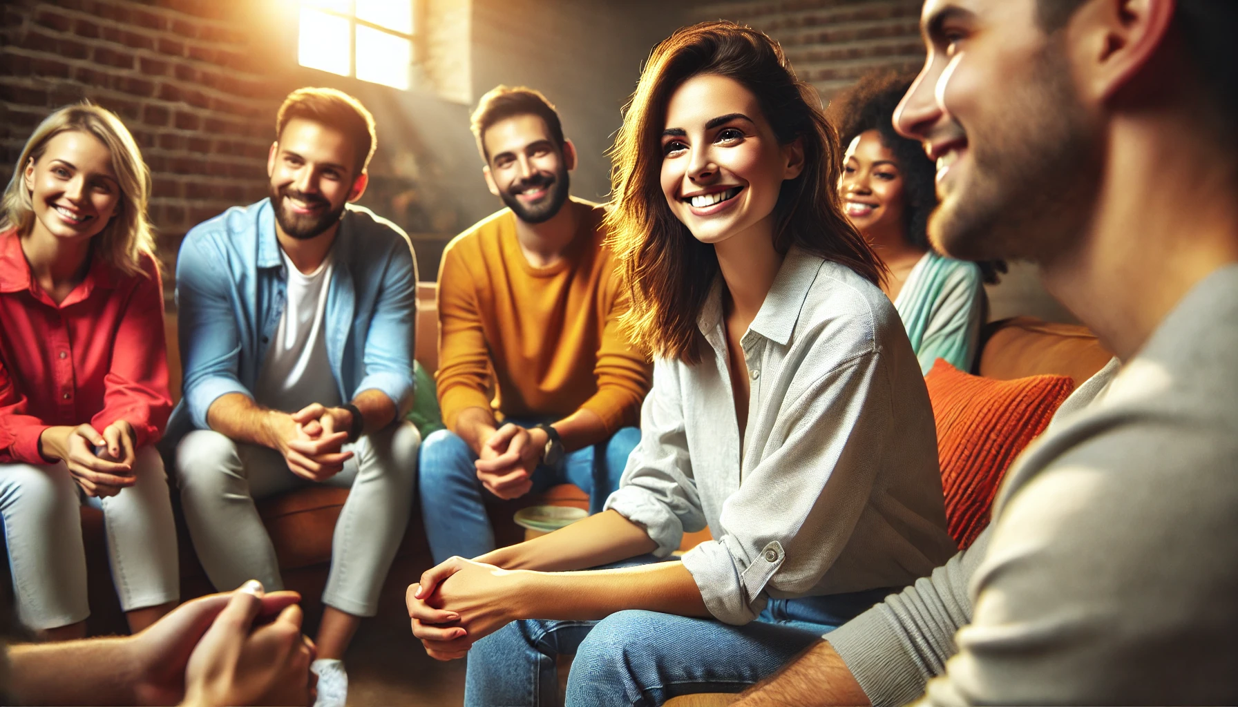 A confident individual engaging in a group conversation, listening intently and making others feel seen and valued, symbolizing charisma and authenticity.