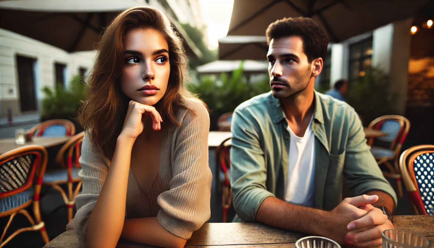 Couple at an outdoor cafe, the woman looking distracted as the man appears concerned.