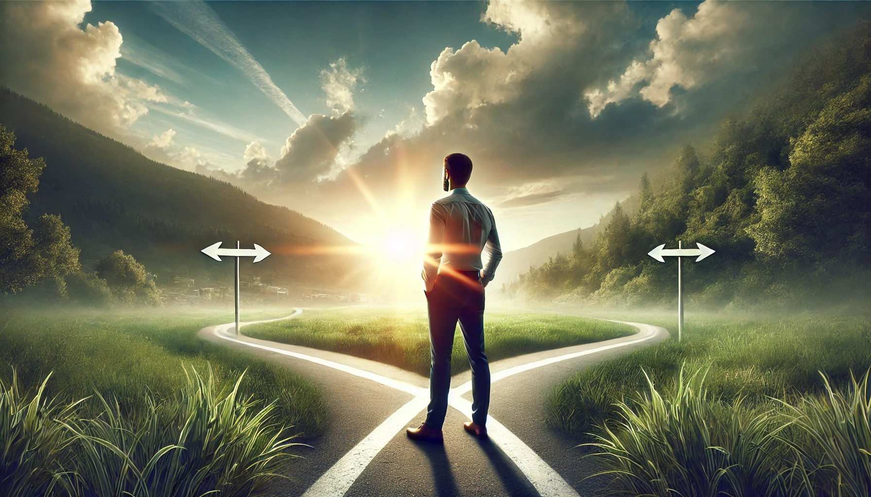 A man standing confidently at a crossroads in a serene natural landscape, with sunlight breaking through clouds, symbolizing clarity and new beginnings.