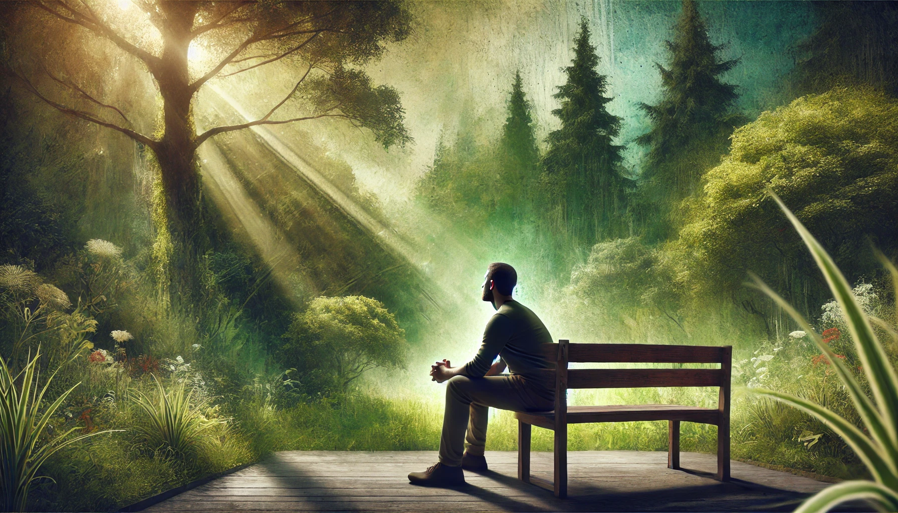 A man sitting thoughtfully on a wooden bench in a serene park with sunlight filtering through the trees, symbolizing introspection and personal growth.