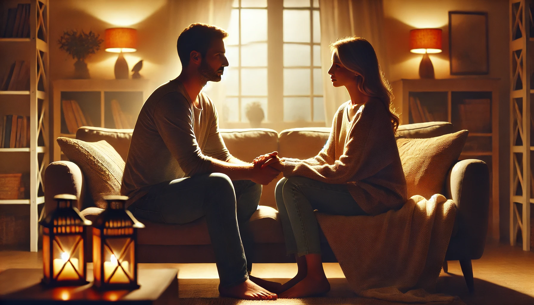 A couple sitting on a cozy couch in a warmly lit living room, holding hands and sharing an intimate conversation, symbolizing connection and rebuilding intimacy.