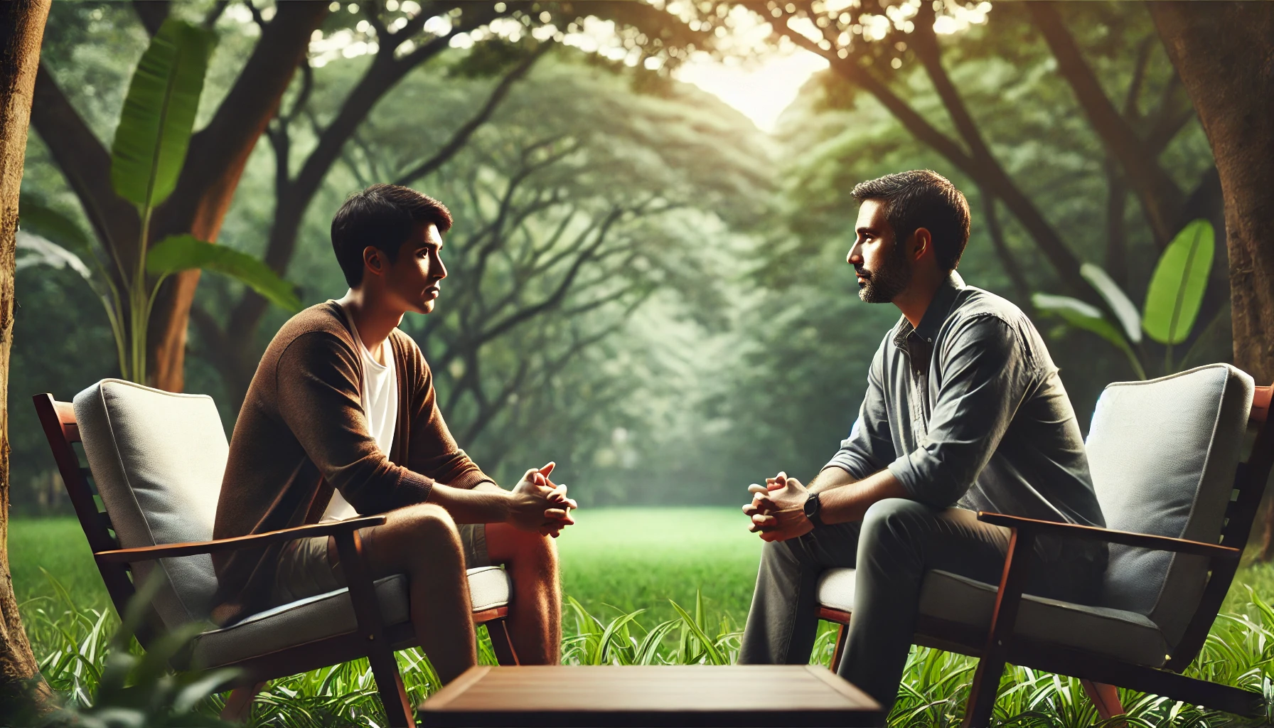 Two men engaged in a meaningful discussion in a serene park setting, surrounded by greenery and natural light, emphasizing calm and mutual understanding.