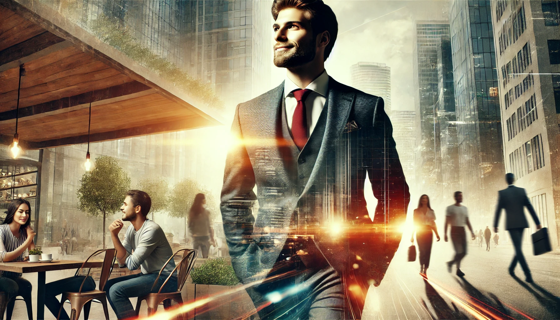 A confident man walking through a vibrant urban setting, exuding self-assurance and purpose, with a dynamic cityscape and subtle activity in the background.