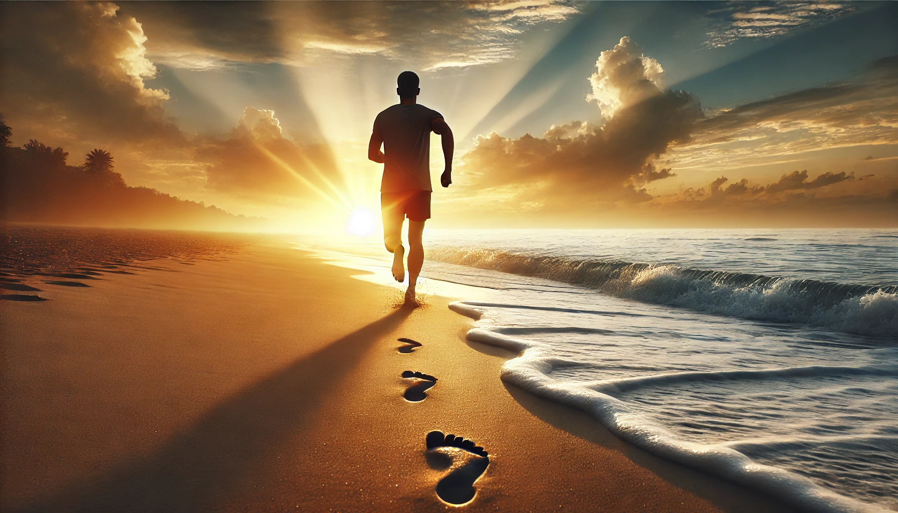 A man running along a beach at sunrise, with a calm ocean in the background and soft golden light, symbolizing resilience and new beginnings.