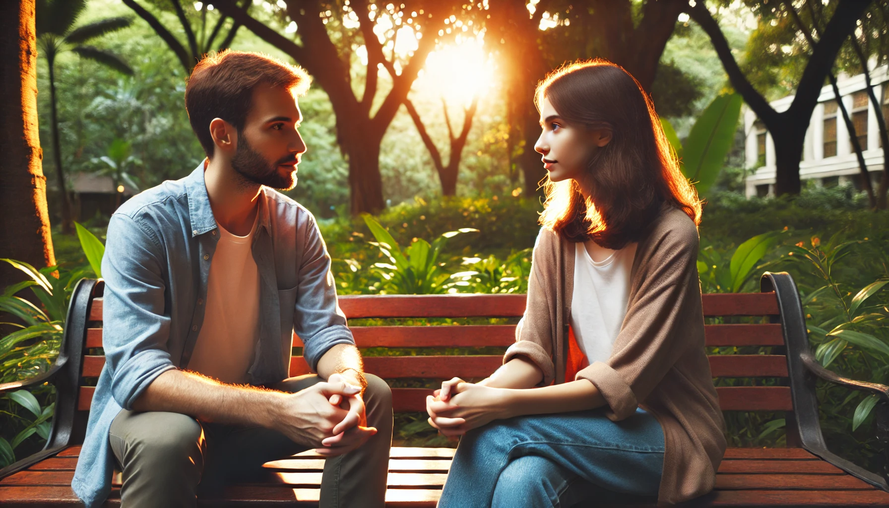 A couple sitting on a park bench, deeply engaged in a meaningful conversation, surrounded by greenery and warm natural light.