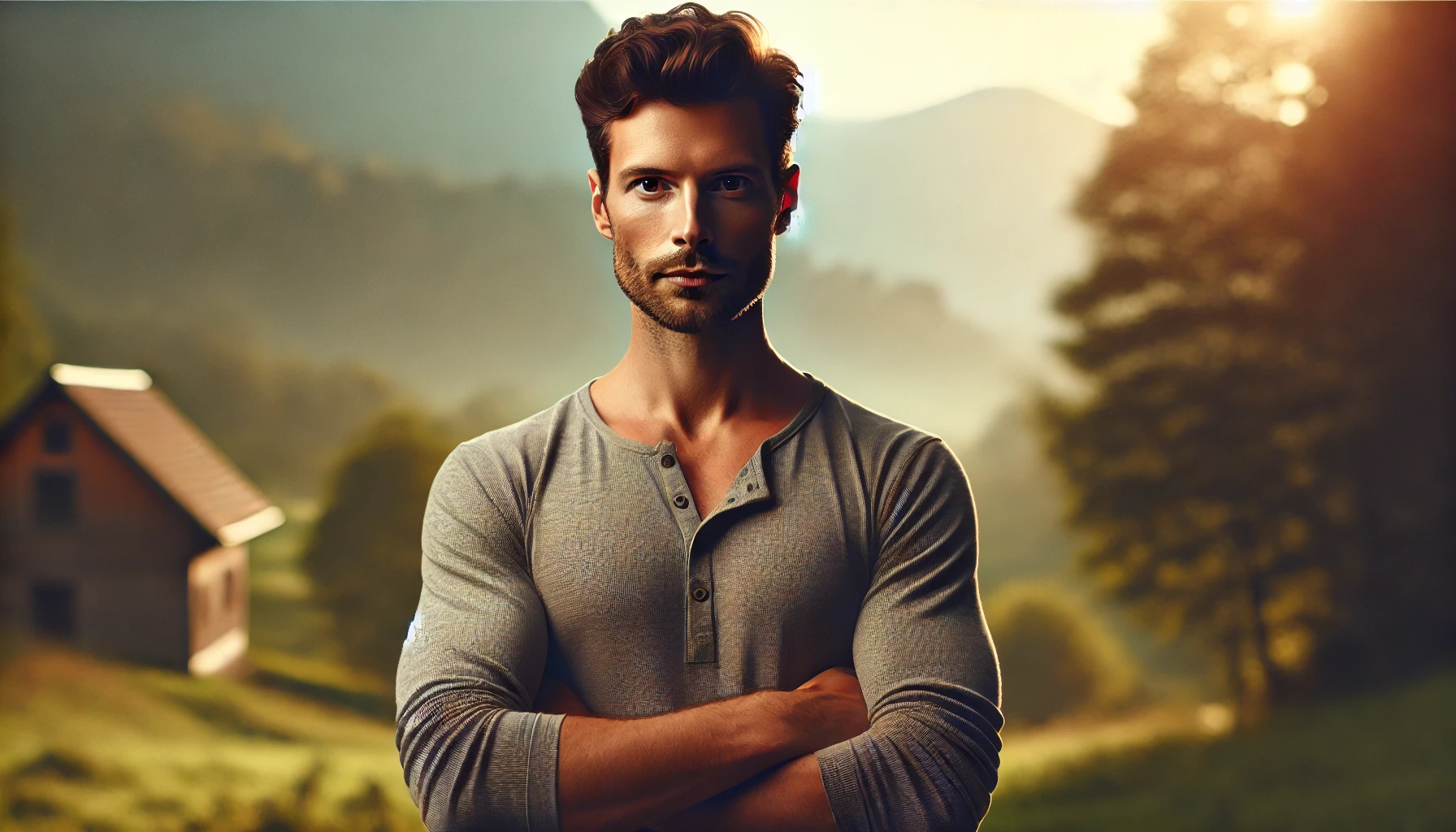 A grounded man standing in nature, deeply present in the moment, symbolizing inner strength and awareness.