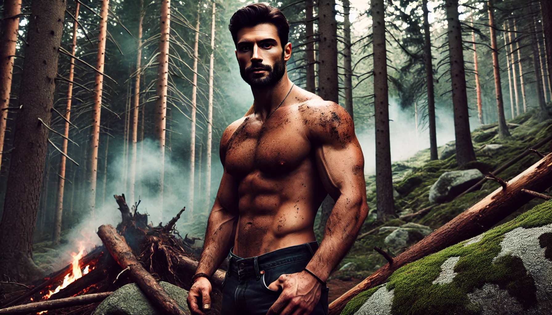 A strong, confident man standing shirtless in a rugged forest, embodying primal masculinity and deep connection to nature.
