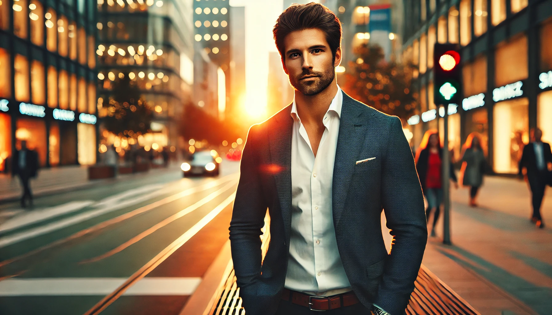 A confident man standing on a bustling city street, looking forward with purpose and self-assurance.