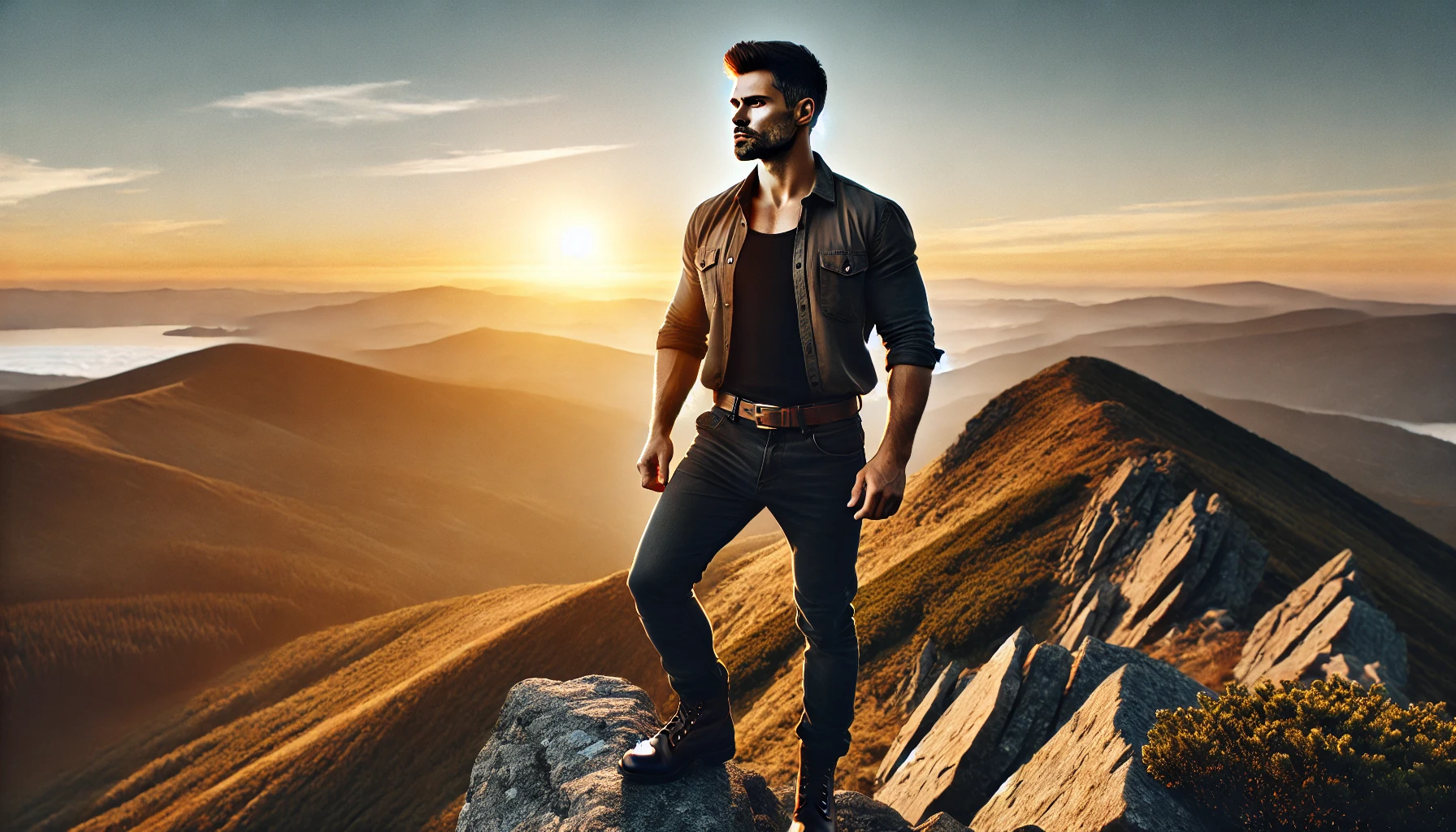 A strong, confident man standing on a rugged mountaintop at sunrise, symbolizing growth, resilience, and personal transformation.