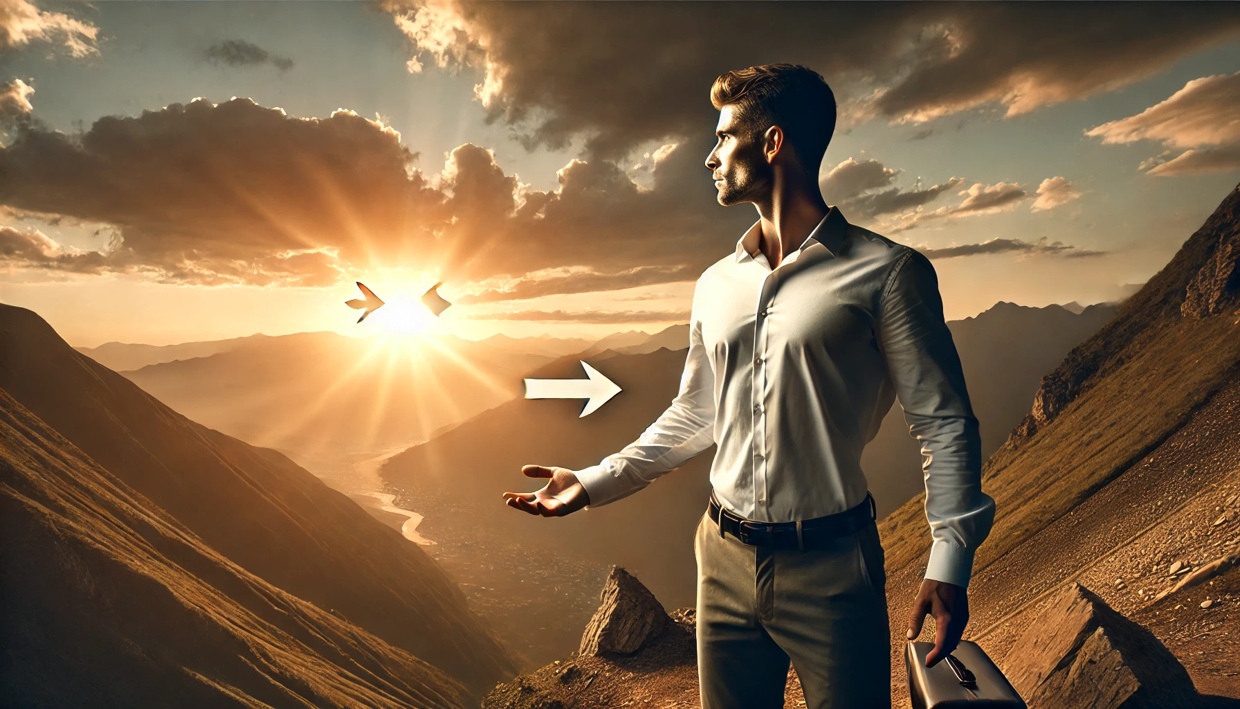A strong, confident man standing at the edge of a mountain overlook, gazing into the distance at sunrise, symbolizing embracing change and new beginnings.