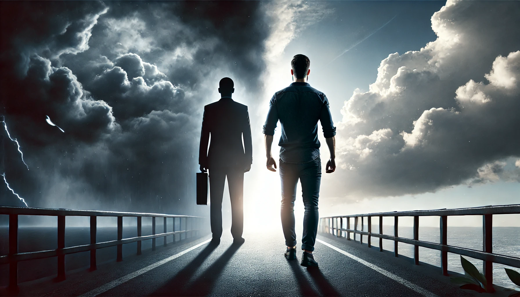A strong, confident man walking away from a stormy background into a bright, open path, symbolizing freedom and new beginnings after leaving an unhealthy relationship.