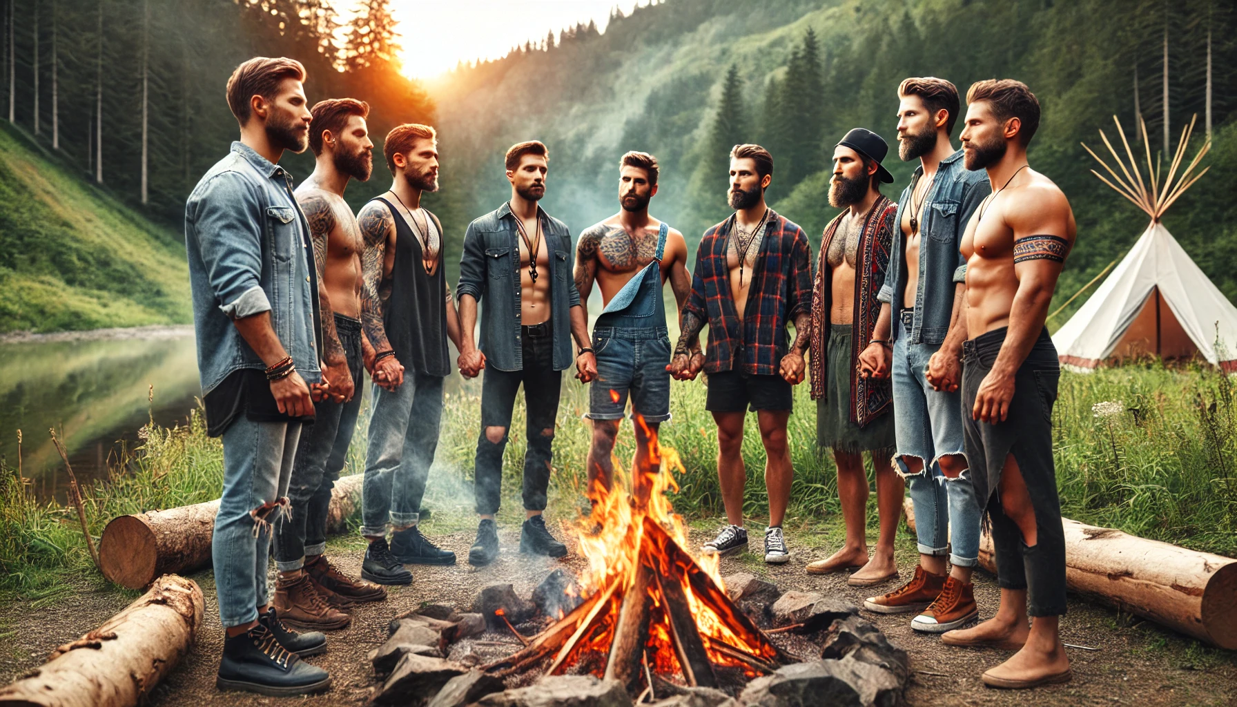 A group of strong, confident men standing together in a sacred outdoor setting, engaged in a meaningful brotherhood ritual around a fire.