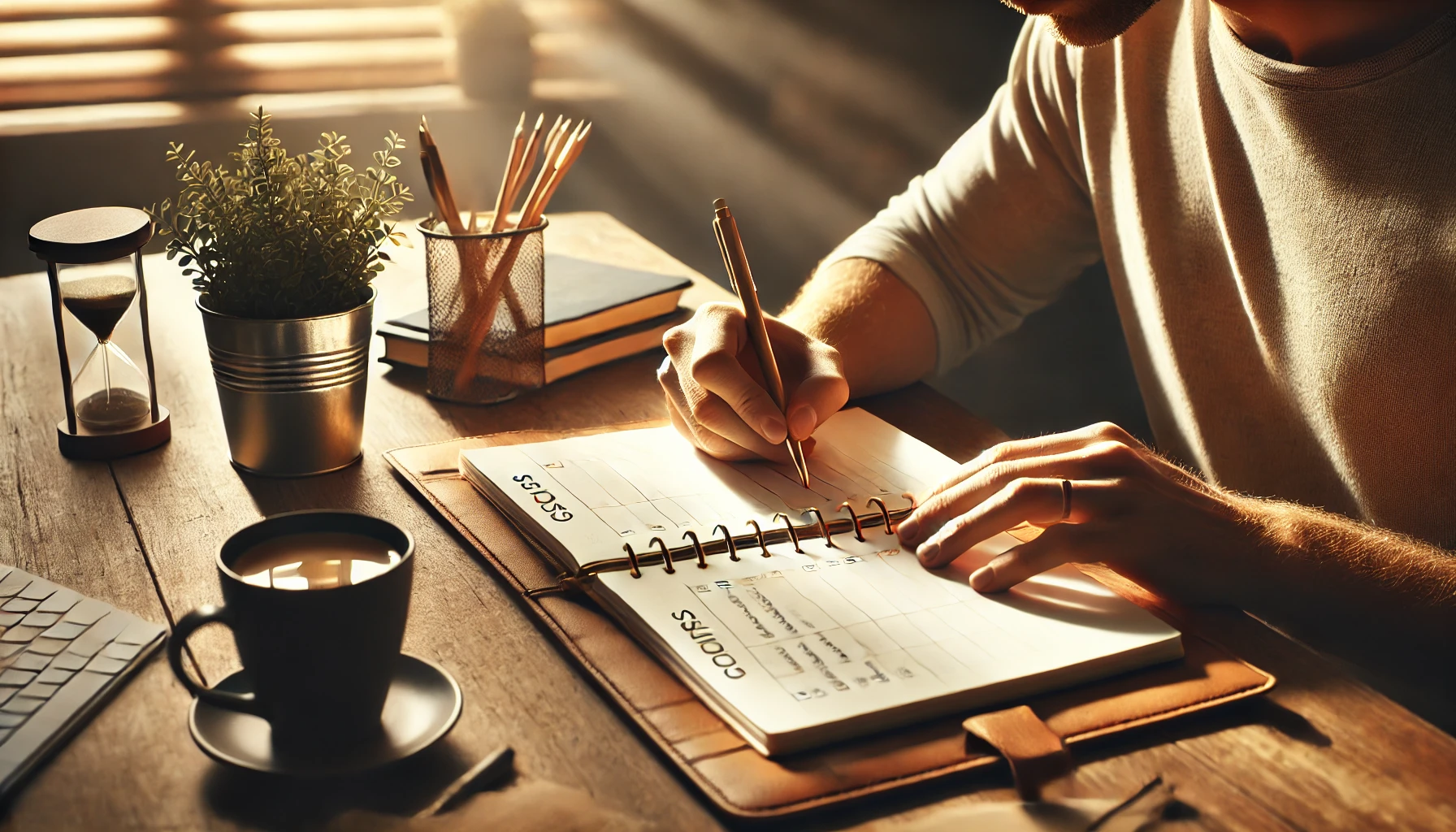 Person writing goals and priorities in a planner.