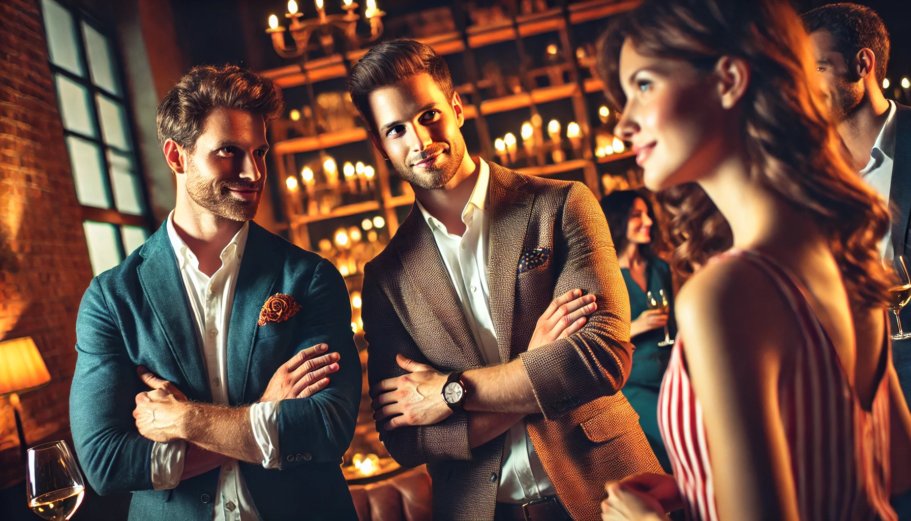 A confident man and his wingman standing together in a lively social setting, engaging in conversation with a woman.