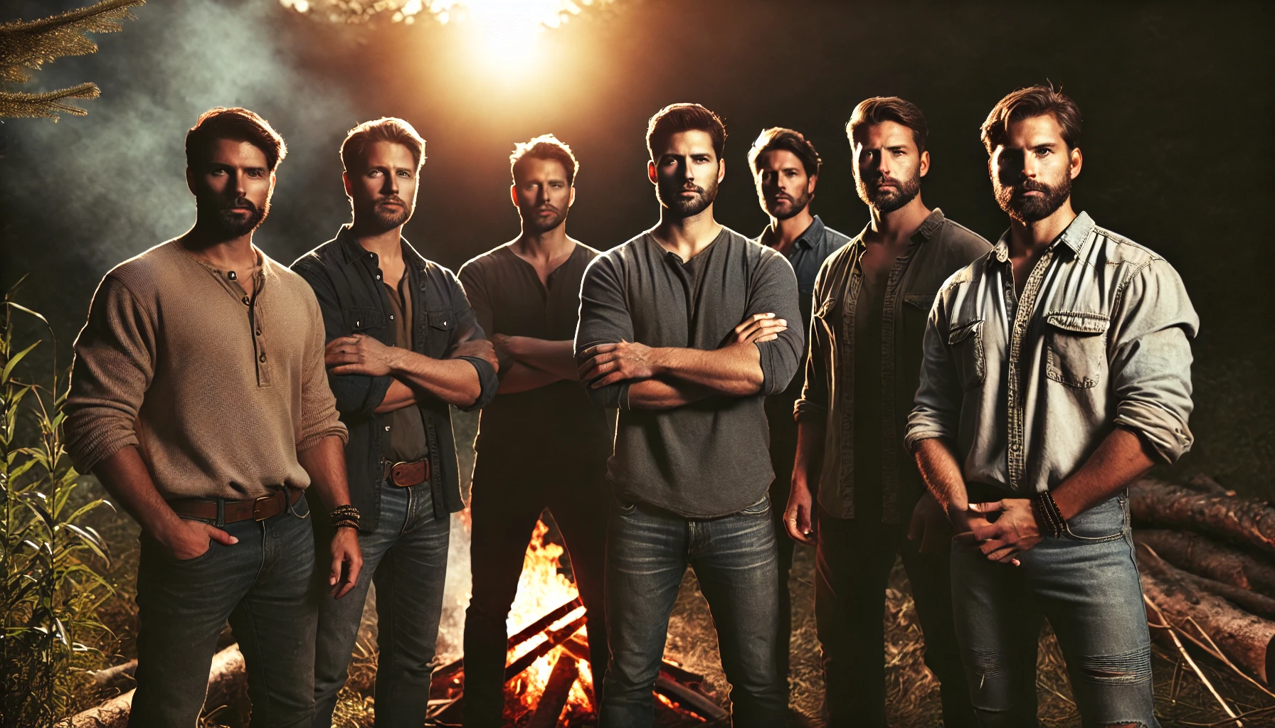 A group of strong, confident men standing together in nature, symbolizing deep brotherhood and connection.