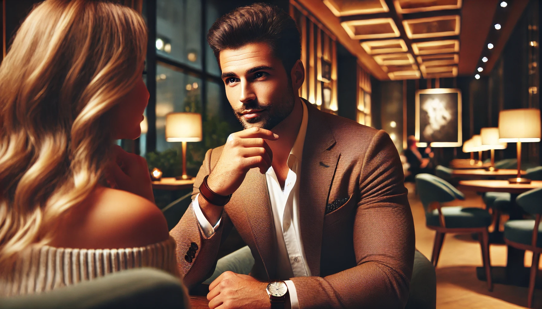 A confident man and a woman engaged in a meaningful conversation in a stylish café, symbolizing deep attraction and connection beyond material wealth.