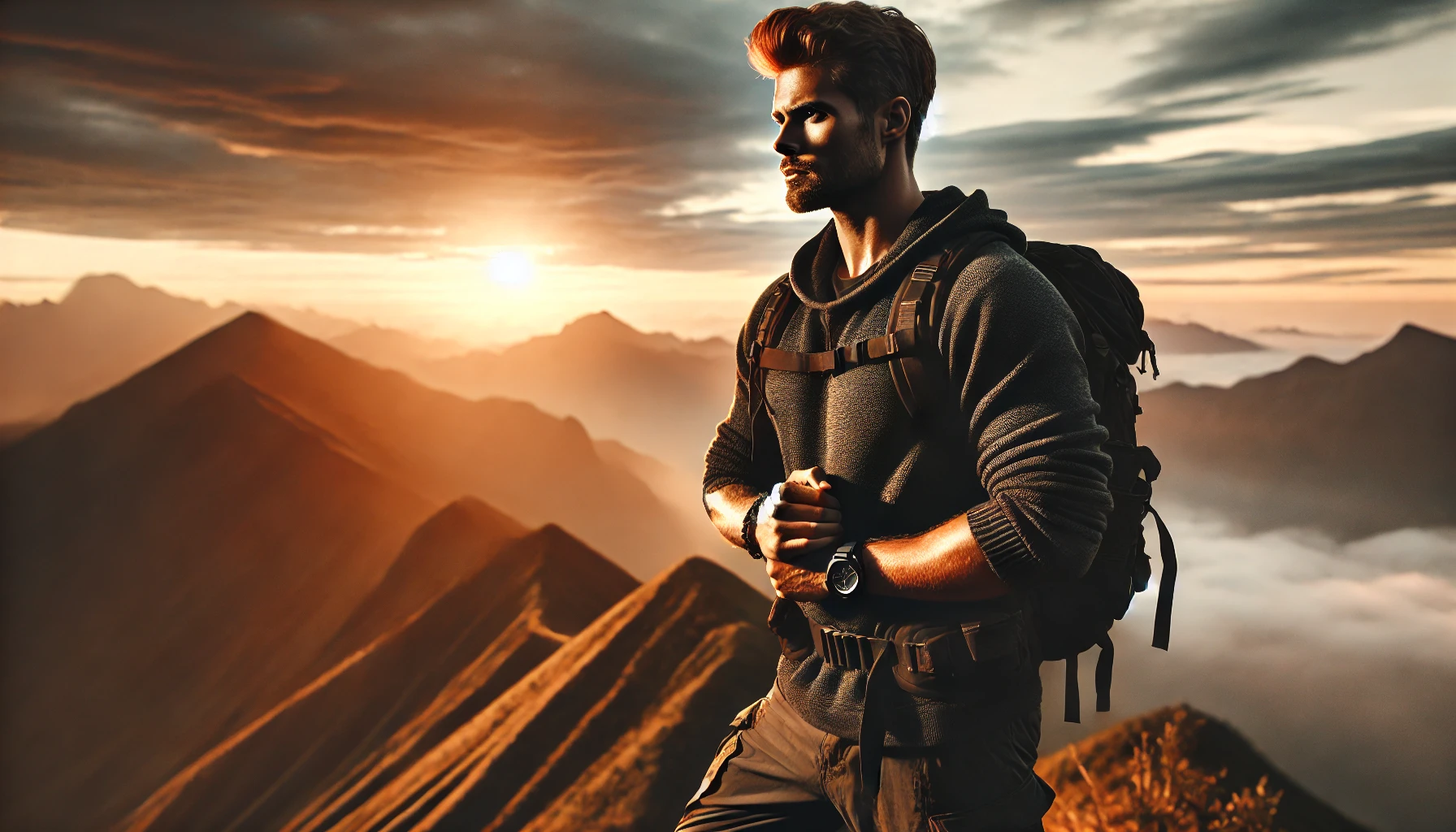 A powerful and disciplined man standing at sunrise on a mountain peak, looking determined and focused, symbolizing resilience and self-mastery.