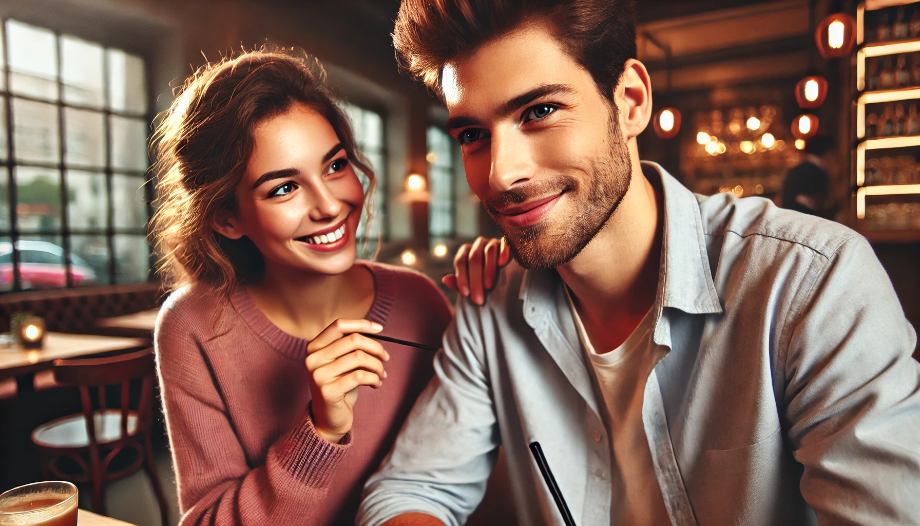 A man and a woman sitting together in a cozy café, engaged in a warm and slightly playful conversation, suggesting possible romantic interest.