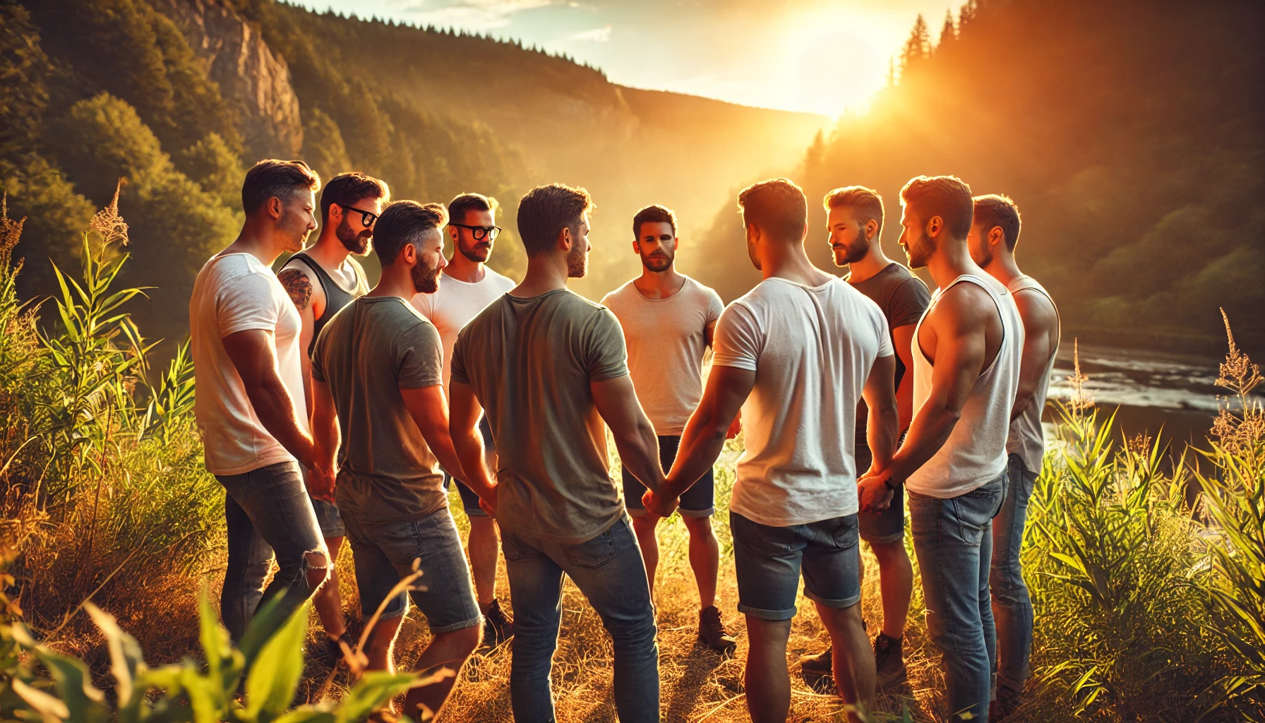 A group of strong, confident men standing together in a circle during golden hour, engaged in deep conversation and brotherhood.
