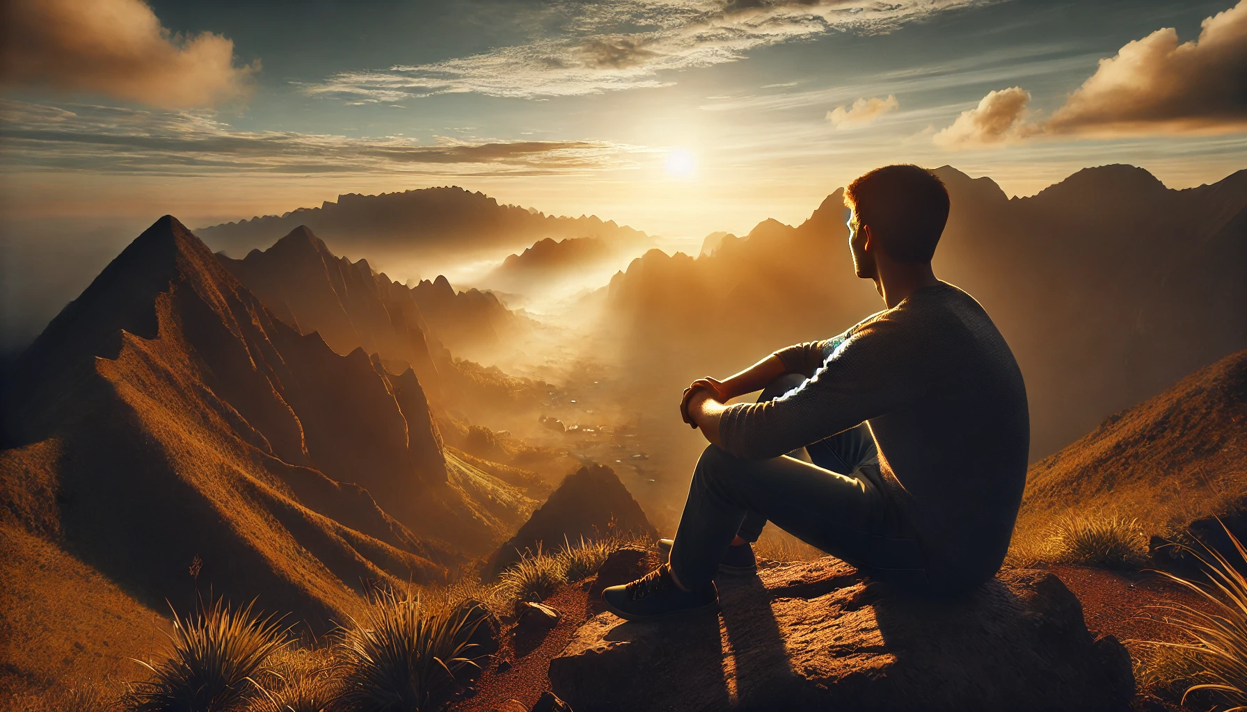 A man sitting in deep thought, watching a sunrise over a mountain range, symbolizing personal growth and transformation.