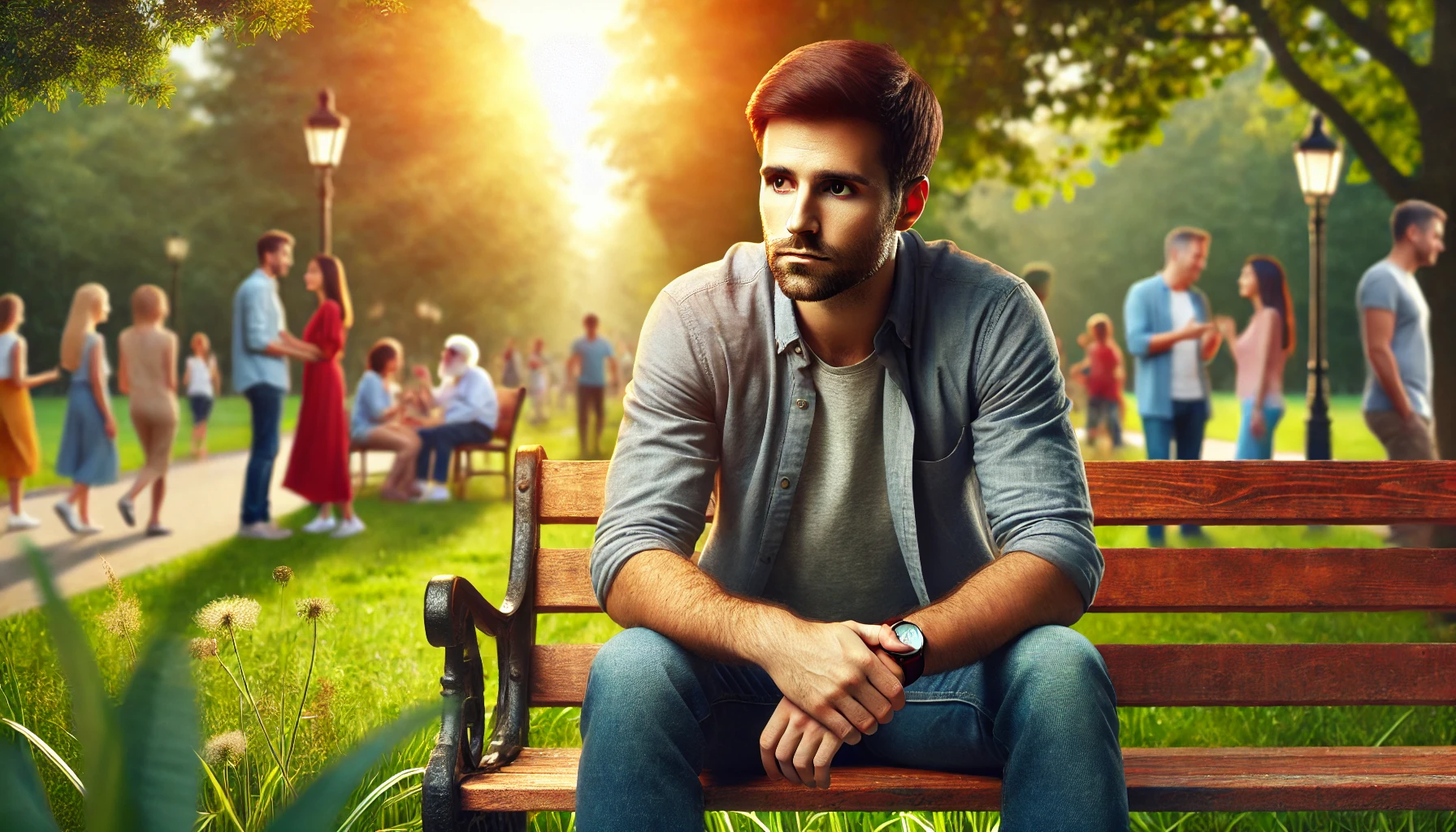 A man sitting alone on a park bench, looking introspective, with a lively park scene in the background, symbolizing the contrast between isolation and connection.