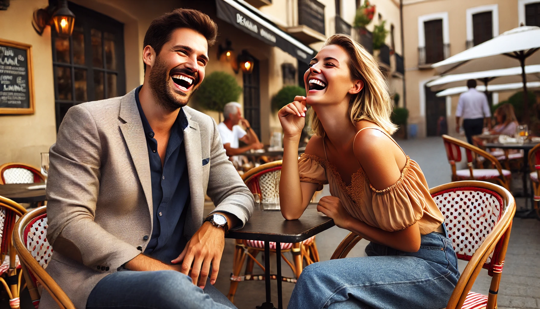 A confident man and a woman laughing together at an outdoor café, engaged in a fun and lighthearted conversation.