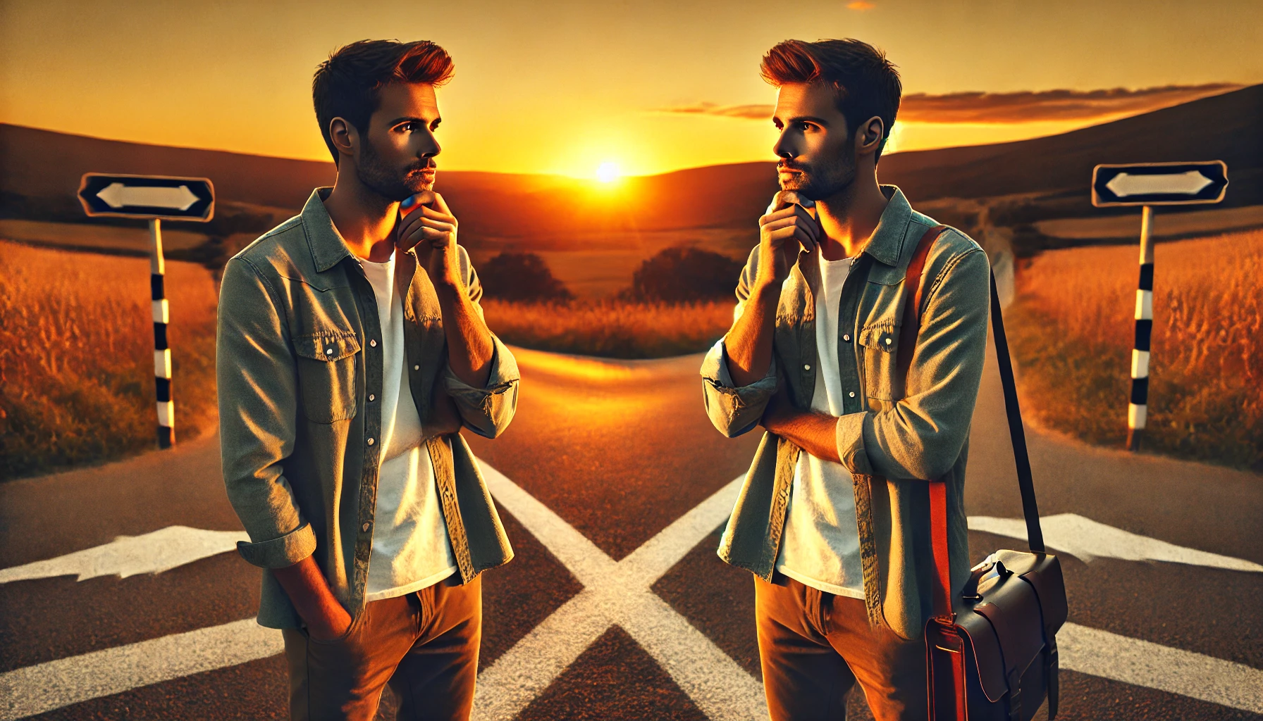 A man standing at a scenic overlook, deep in thought, as the sun sets behind him, symbolizing self-reflection and clarity.
